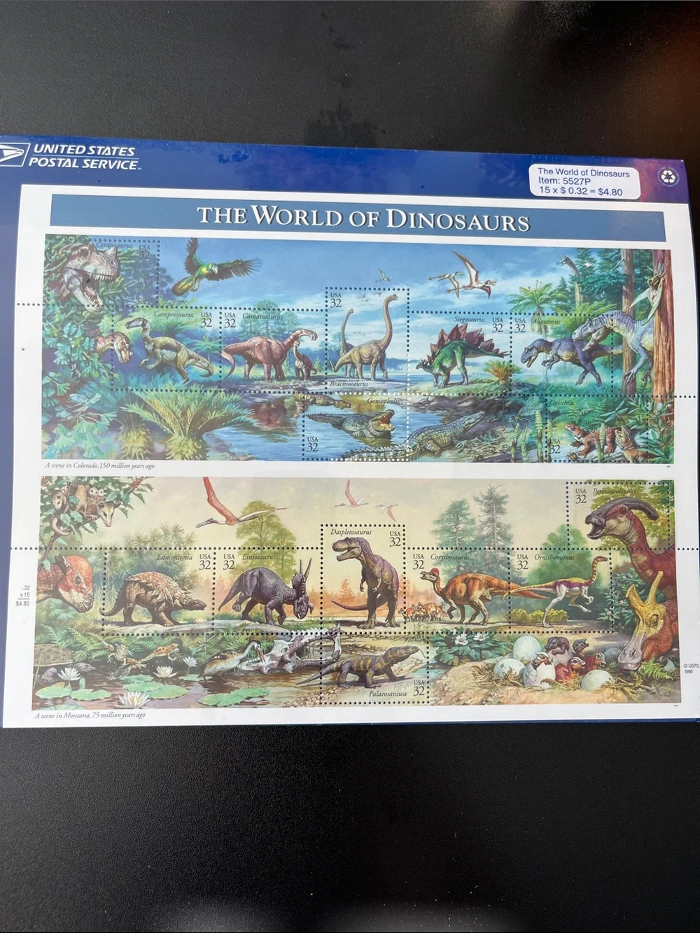 The World of Dinosaurs Sheet of 15 $0.32 stamps, NEW.